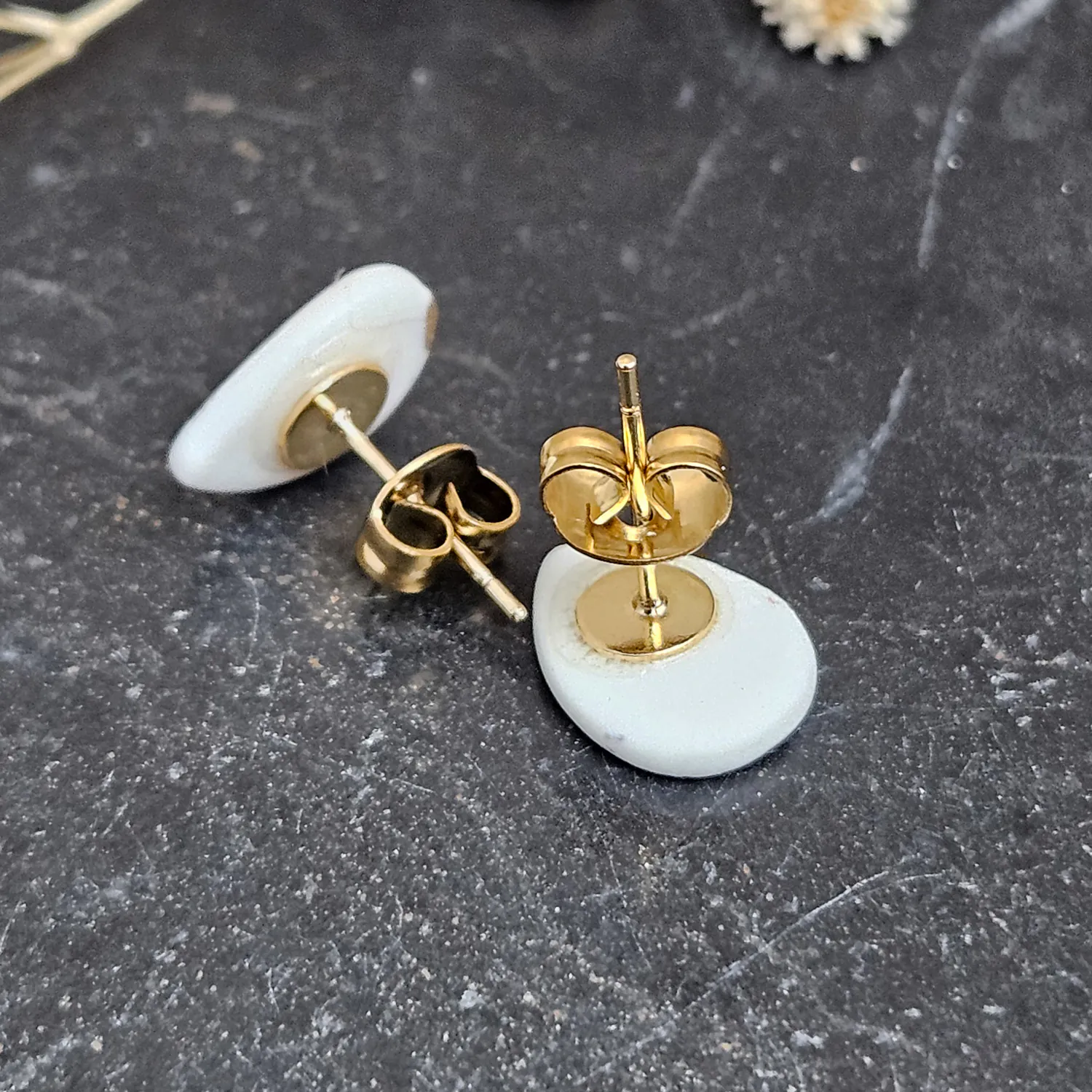 Rose pink fine ceramic porcelain hypoallergenic stud designer earrings for sensitive ears with 22k gold plating - Image 3