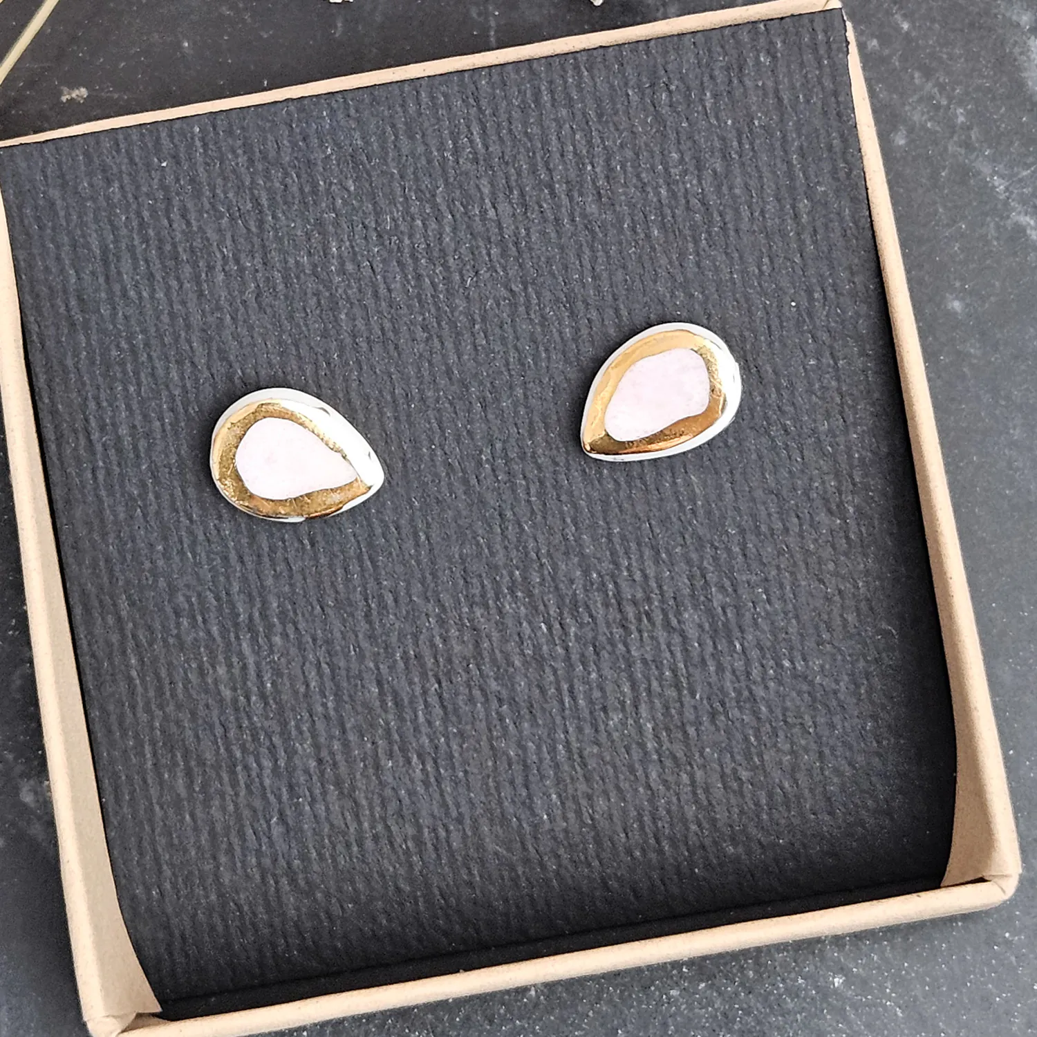 Rose pink fine ceramic porcelain hypoallergenic stud designer earrings for sensitive ears with 22k gold plating - Image 4