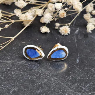 Cobalt blue fine ceramic porcelain hypoallergenic stud designer earrings for sensitive ears with 22k gold plating