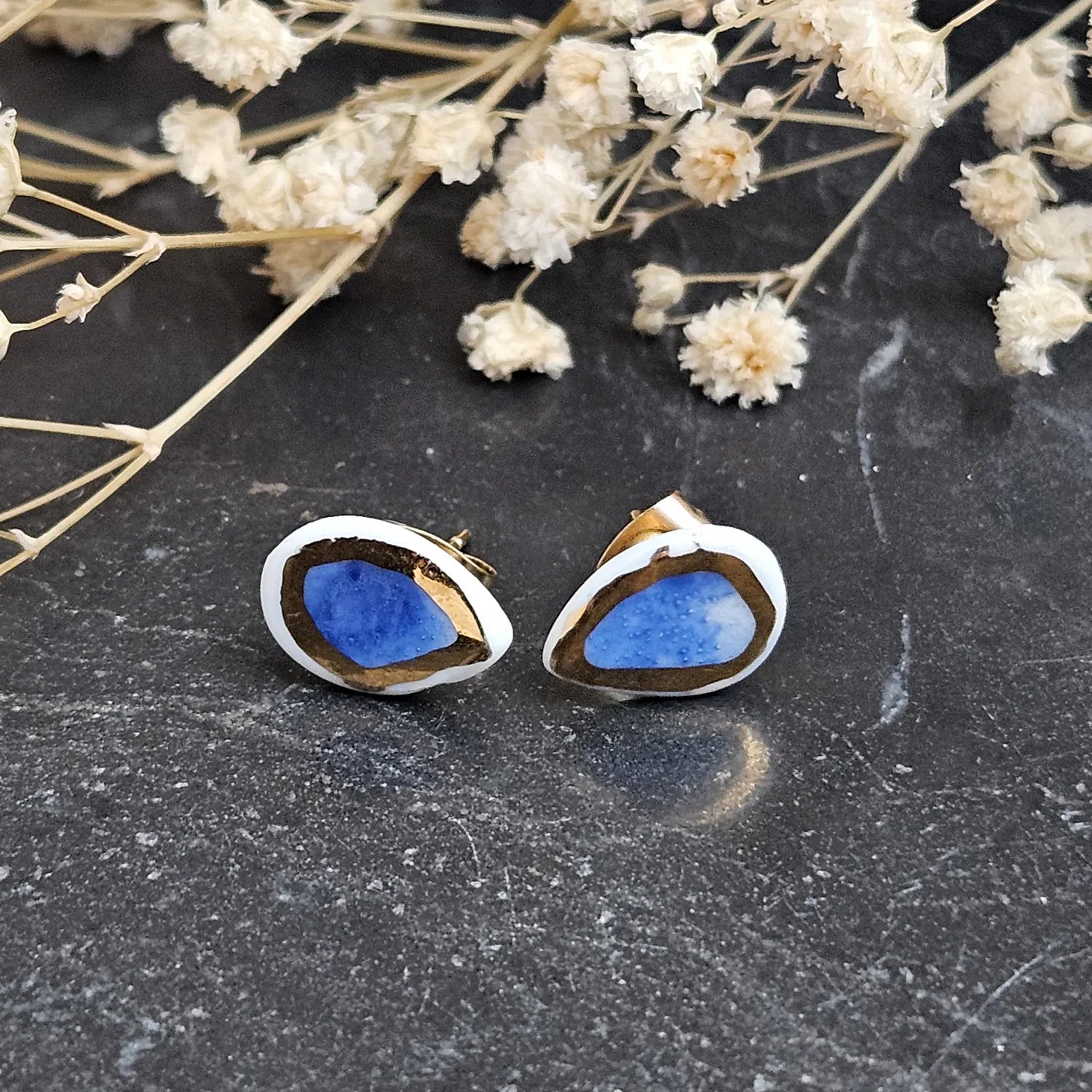 Cobalt blue fine ceramic porcelain hypoallergenic stud designer earrings for sensitive ears with 22k gold plating