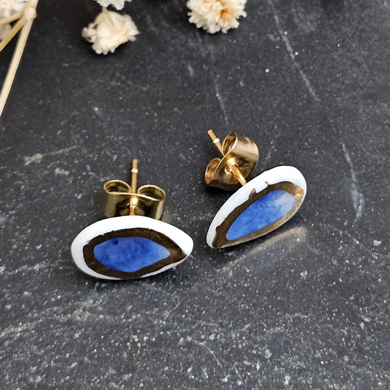 Cobalt blue fine ceramic porcelain hypoallergenic stud designer earrings for sensitive ears with 22k gold plating - Image 2