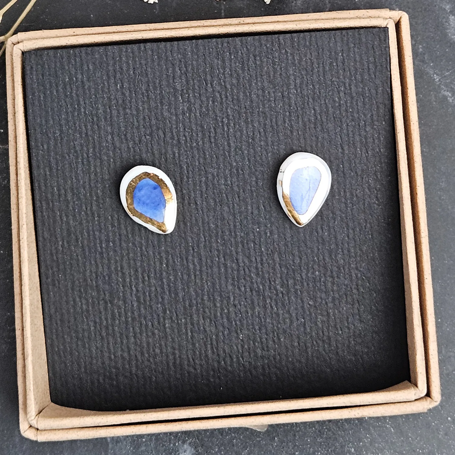 Cobalt blue fine ceramic porcelain hypoallergenic stud designer earrings for sensitive ears with 22k gold plating - Image 4