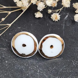 Pure white fine ceramic porcelain hypoallergenic stud designer earrings for sensitive ears with 22k gold plating