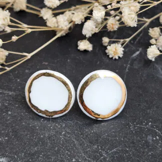 Pure white fine ceramic porcelain hypoallergenic stud designer earrings for sensitive ears with 22k gold plating