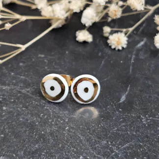 Pure white fine ceramic porcelain hypoallergenic stud designer earrings for sensitive ears with 22k gold plating