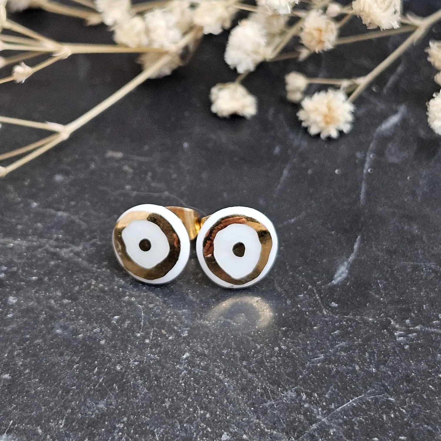 Pure white fine ceramic porcelain hypoallergenic stud designer earrings for sensitive ears with 22k gold plating