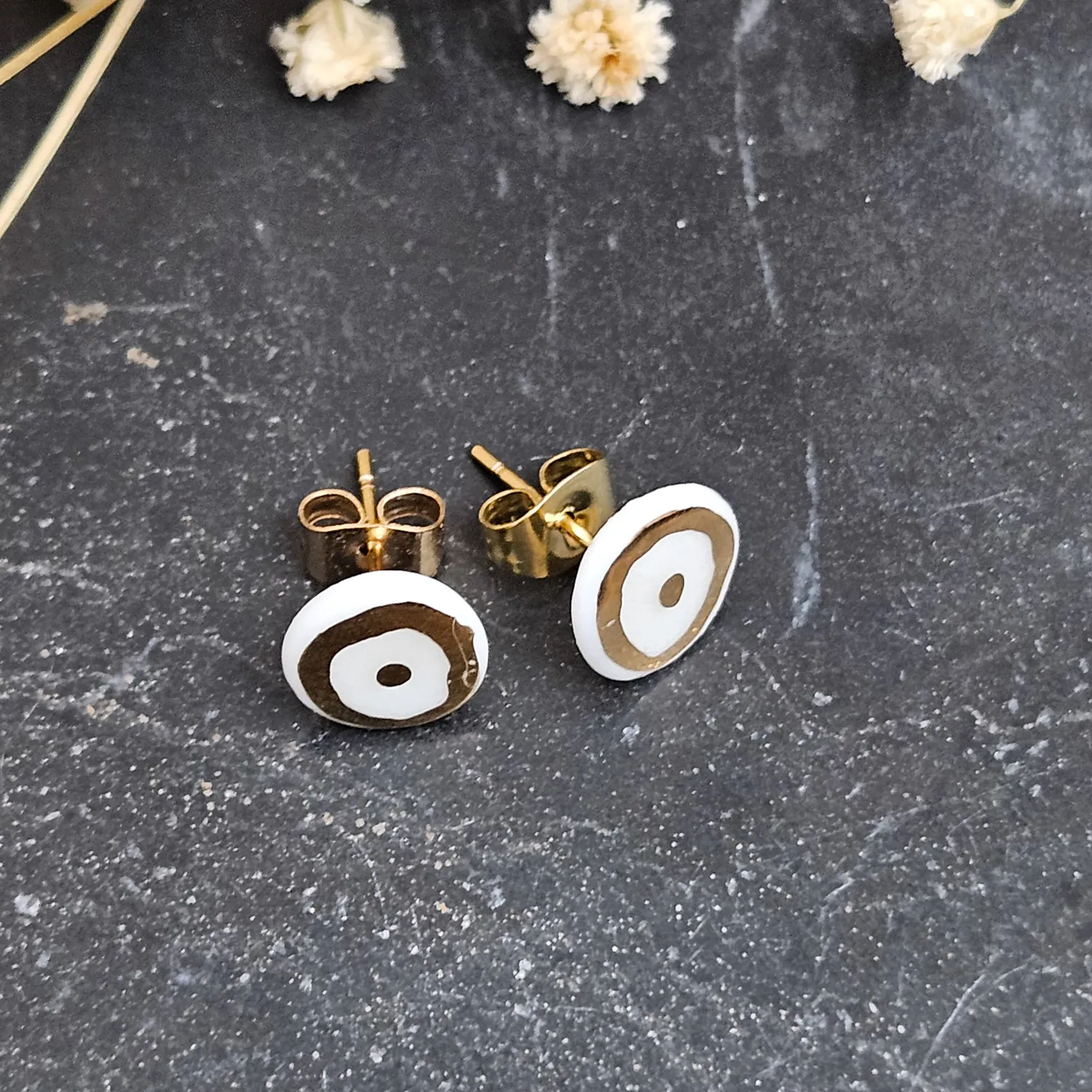 Pure white fine ceramic porcelain hypoallergenic stud designer earrings for sensitive ears with 22k gold plating - Image 2