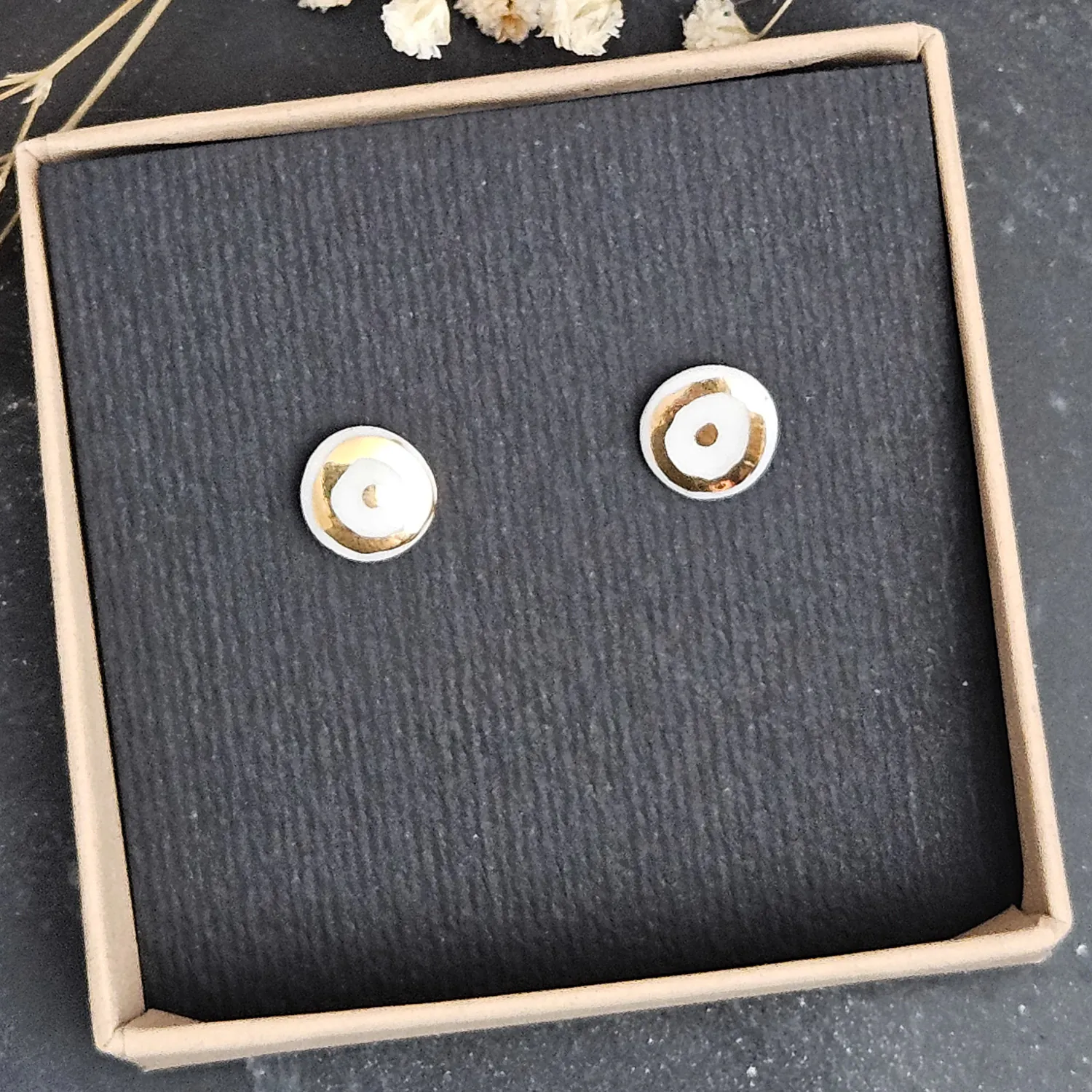 Pure white fine ceramic porcelain hypoallergenic stud designer earrings for sensitive ears with 22k gold plating - Image 4