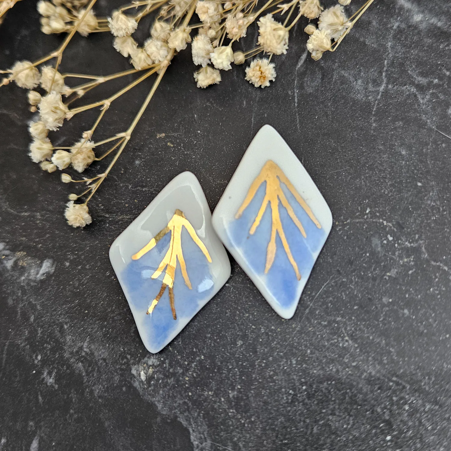Blue hand-painted artisan fine ceramic porcelain hypoallergenic stud designer earrings for sensitive ears with 22k gold plating