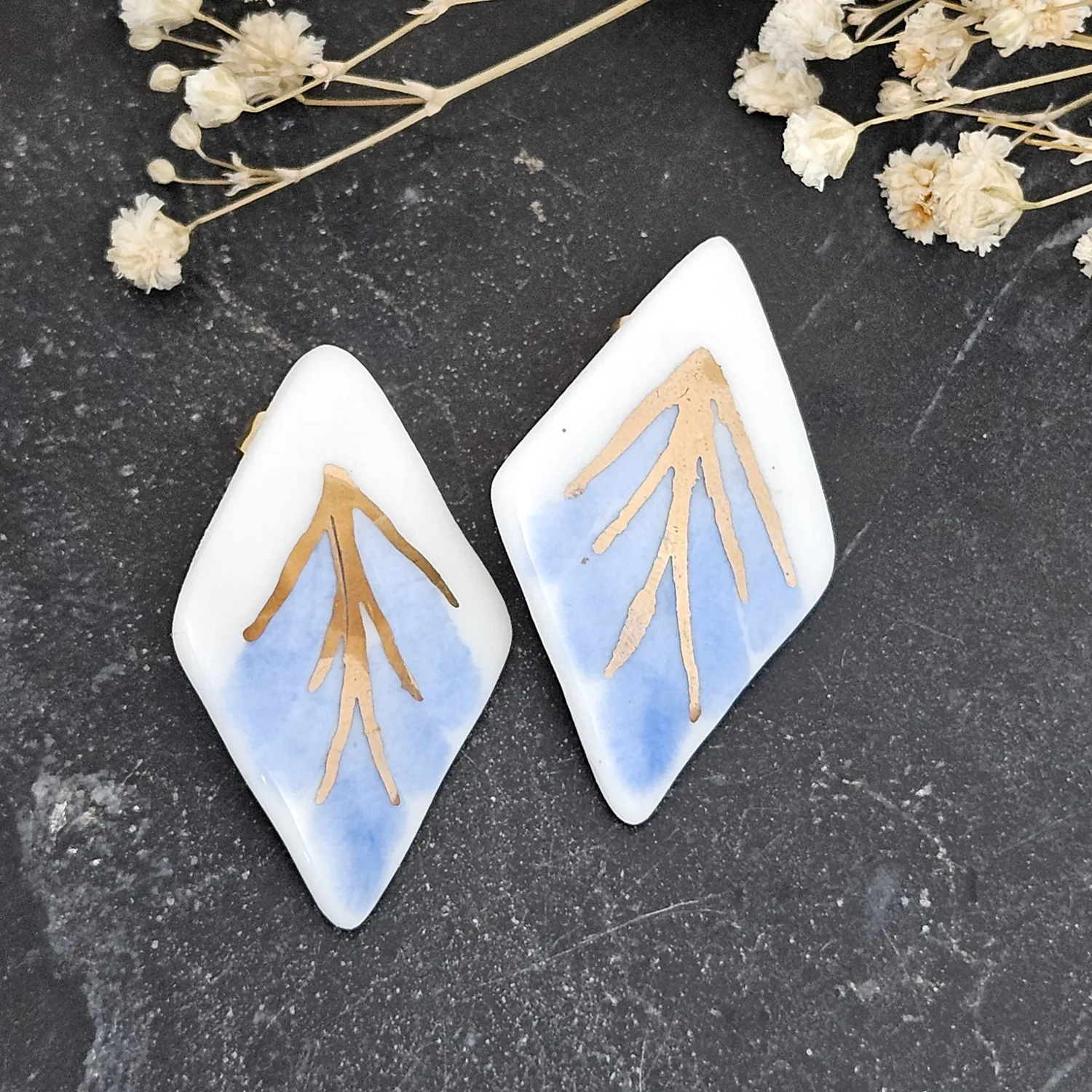 Blue hand-painted artisan fine ceramic porcelain hypoallergenic stud designer earrings for sensitive ears with 22k gold plating - Image 2