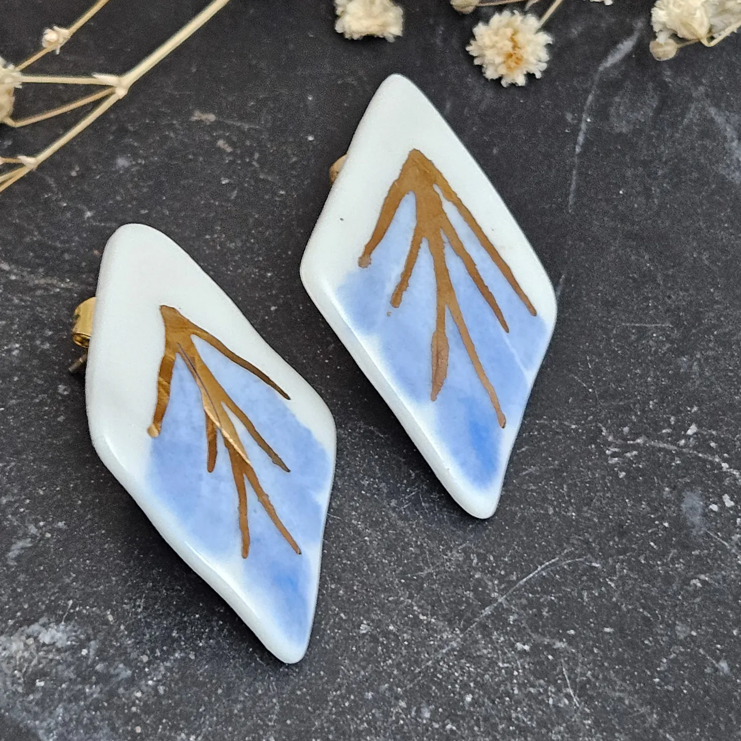Blue hand-painted artisan fine ceramic porcelain hypoallergenic stud designer earrings for sensitive ears with 22k gold plating - Image 3
