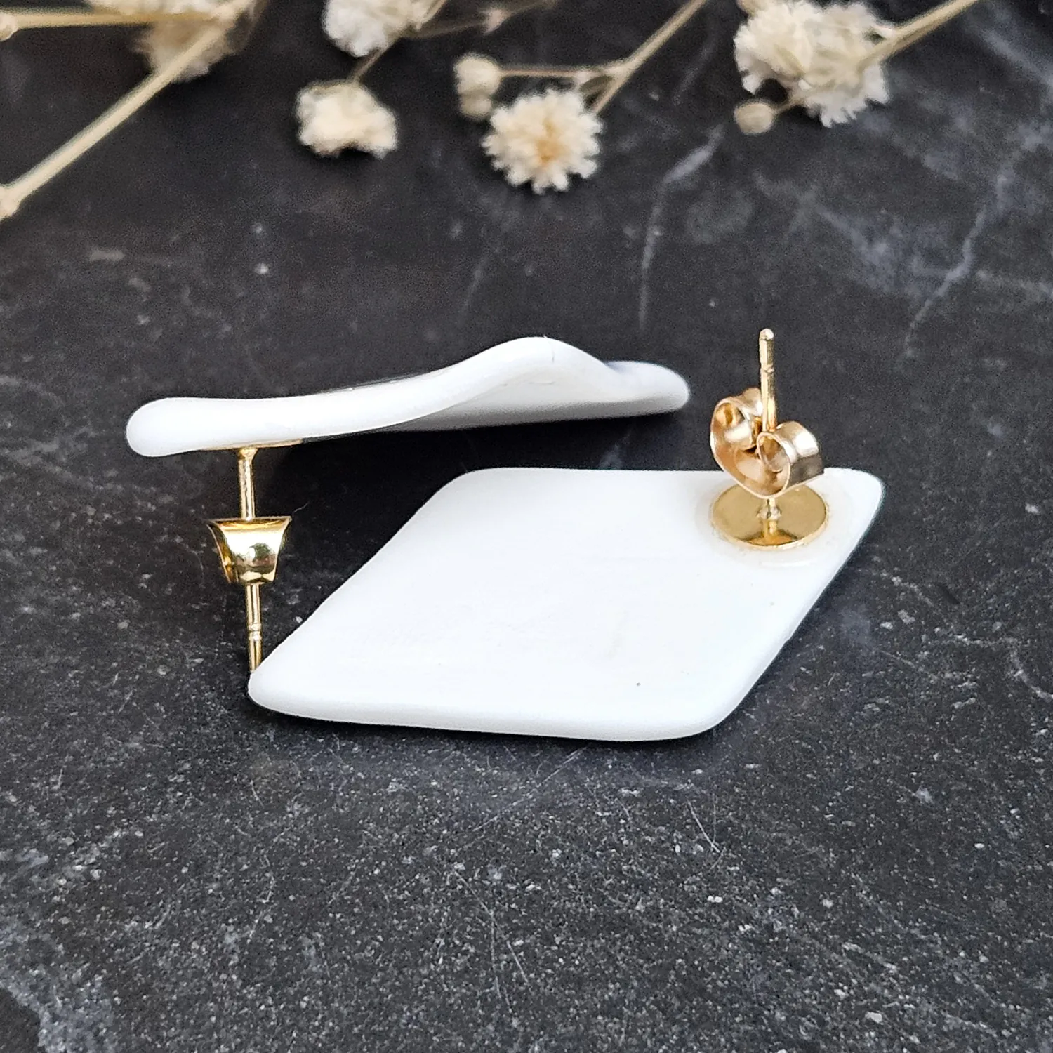 Blue hand-painted artisan fine ceramic porcelain hypoallergenic stud designer earrings for sensitive ears with 22k gold plating - Image 4