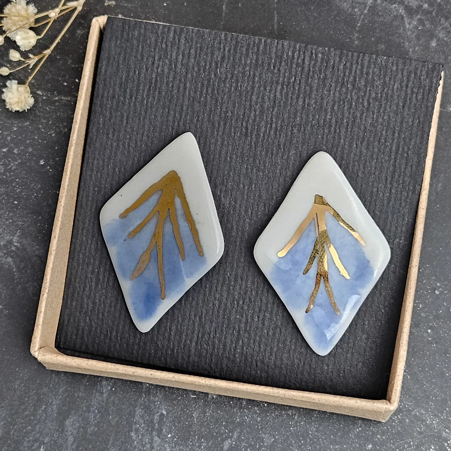 Blue hand-painted artisan fine ceramic porcelain hypoallergenic stud designer earrings for sensitive ears with 22k gold plating - Image 5
