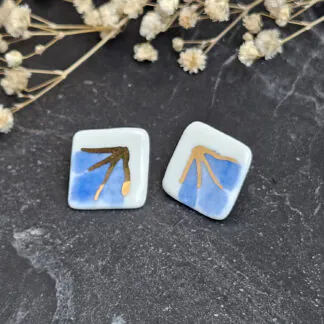 Blue hand-painted artisan fine ceramic porcelain hypoallergenic stud designer earrings for sensitive ears with 22k gold plating