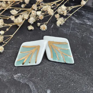 Green hand-painted artisan fine ceramic porcelain hypoallergenic stud designer earrings for sensitive ears with 22k gold plating