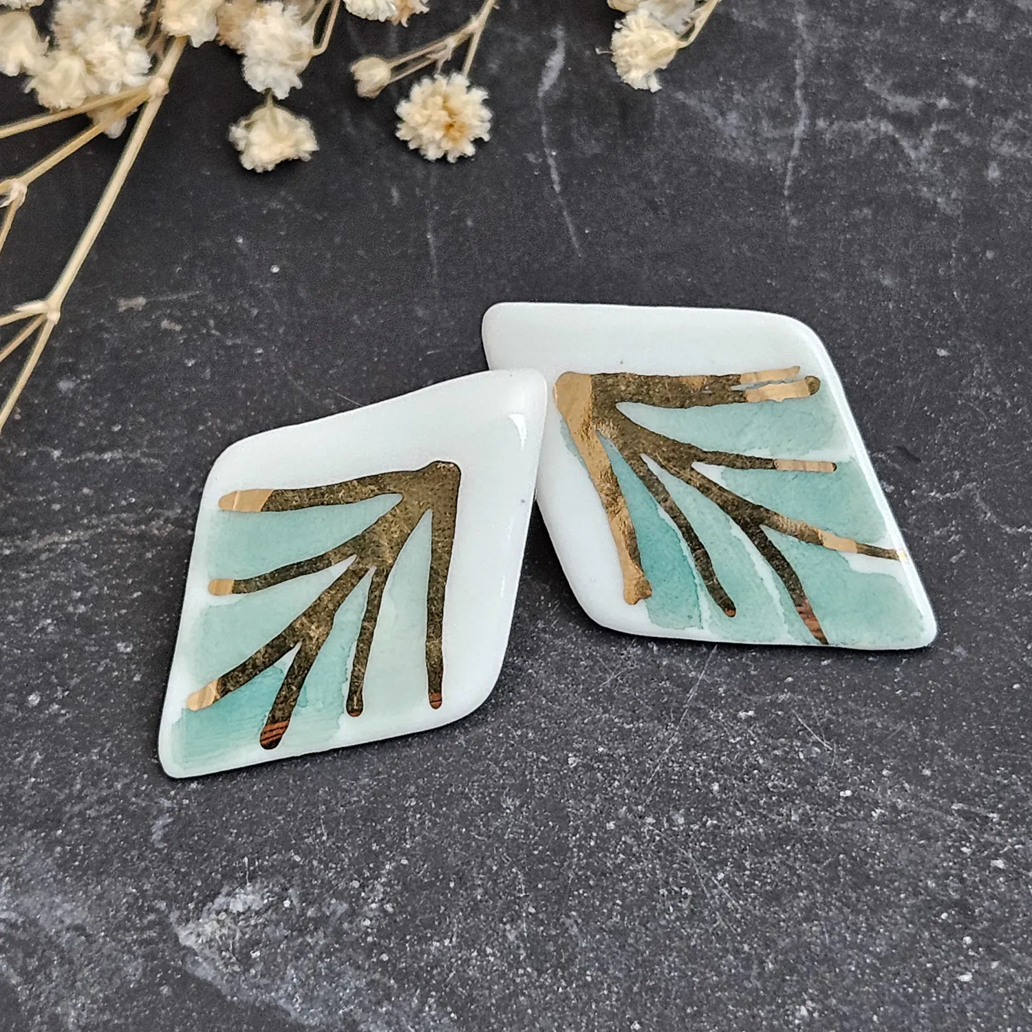 Green hand-painted artisan fine ceramic porcelain hypoallergenic stud designer earrings for sensitive ears with 22k gold plating - Image 2