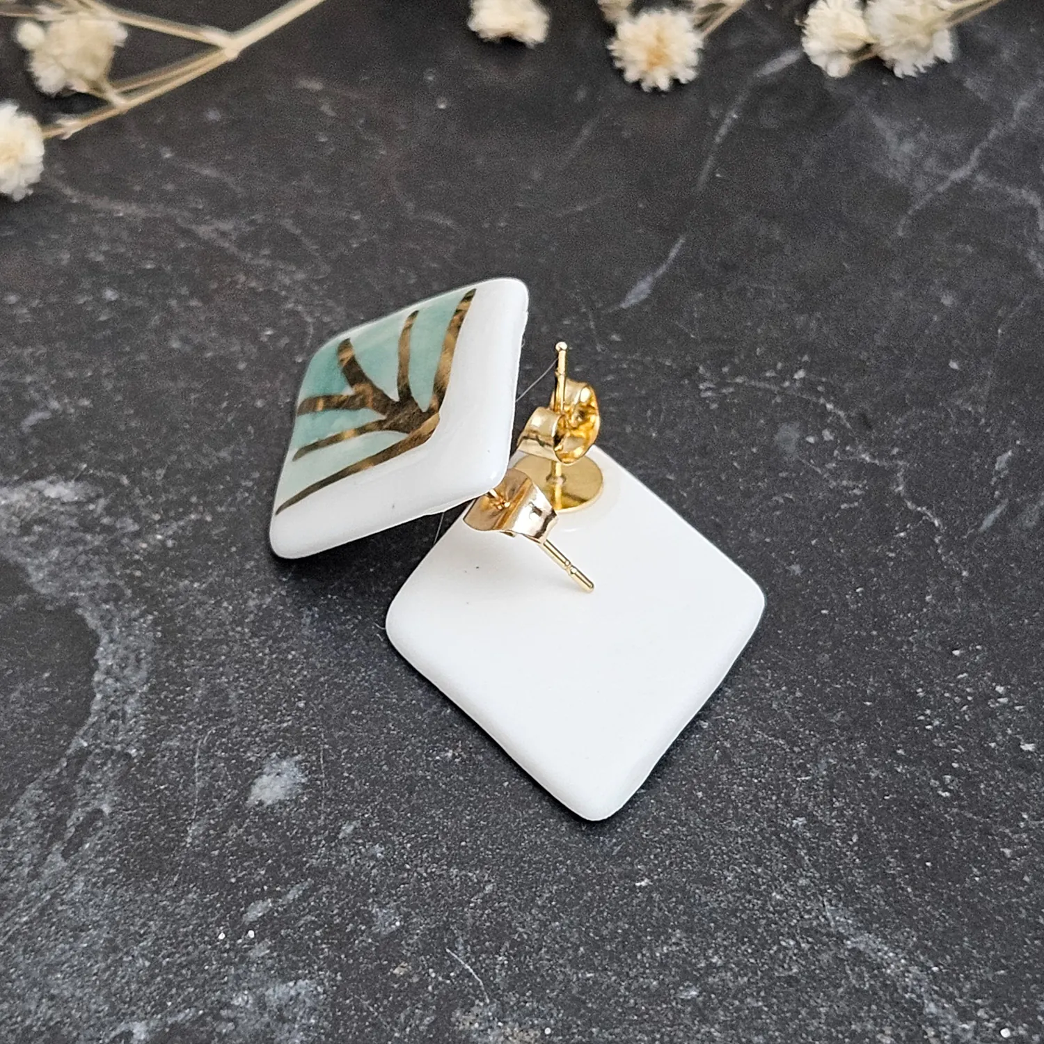 Green hand-painted artisan fine ceramic porcelain hypoallergenic stud designer earrings for sensitive ears with 22k gold plating - Image 3