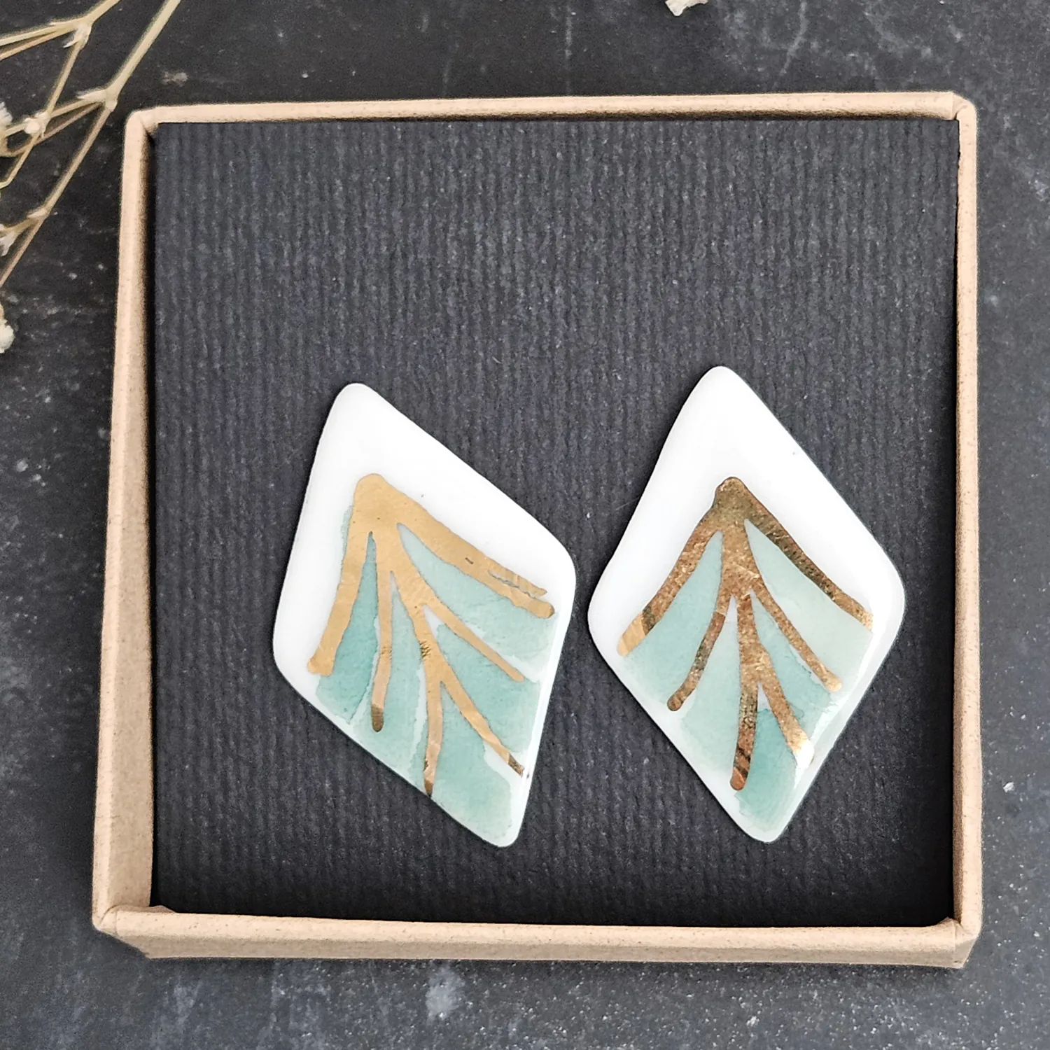 Green hand-painted artisan fine ceramic porcelain hypoallergenic stud designer earrings for sensitive ears with 22k gold plating - Image 4