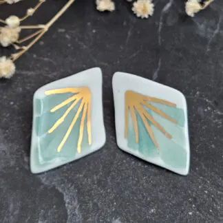 Green hand-painted artisan fine ceramic porcelain hypoallergenic stud designer earrings for sensitive ears with 22k gold plating