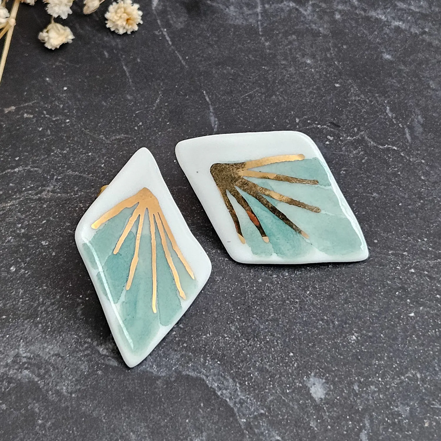 Green hand-painted artisan fine ceramic porcelain hypoallergenic stud designer earrings for sensitive ears with 22k gold plating - Image 2