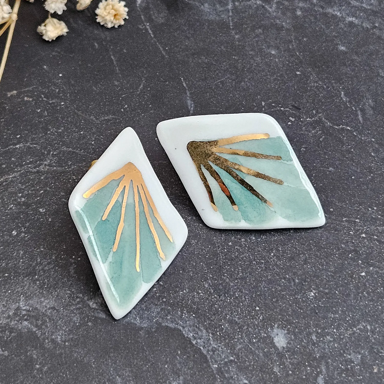 Green hand-painted artisan fine ceramic porcelain hypoallergenic stud designer earrings for sensitive ears with 22k gold plating - Image 3