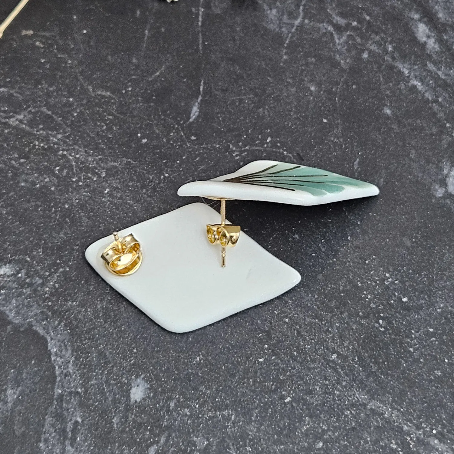 Green hand-painted artisan fine ceramic porcelain hypoallergenic stud designer earrings for sensitive ears with 22k gold plating - Image 4