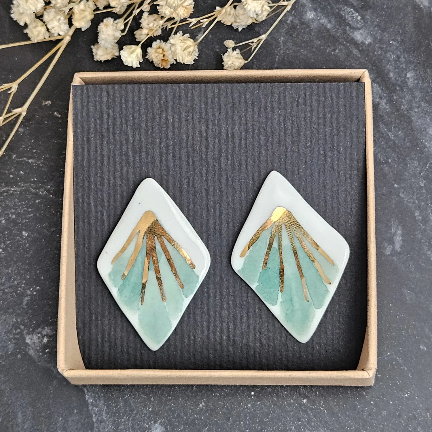 Green hand-painted artisan fine ceramic porcelain hypoallergenic stud designer earrings for sensitive ears with 22k gold plating - Image 5