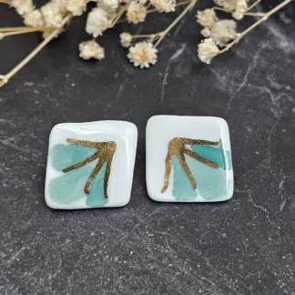 Green hand-painted artisan fine ceramic porcelain hypoallergenic stud designer earrings for sensitive ears with 22k gold plating