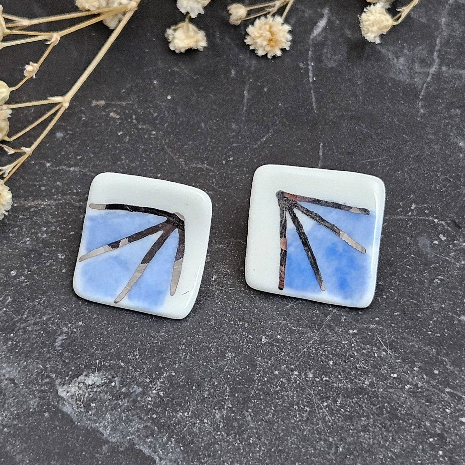 Blue hand-painted artisan fine ceramic porcelain hypoallergenic stud designer earrings for sensitive ears with silver accents (white gold)