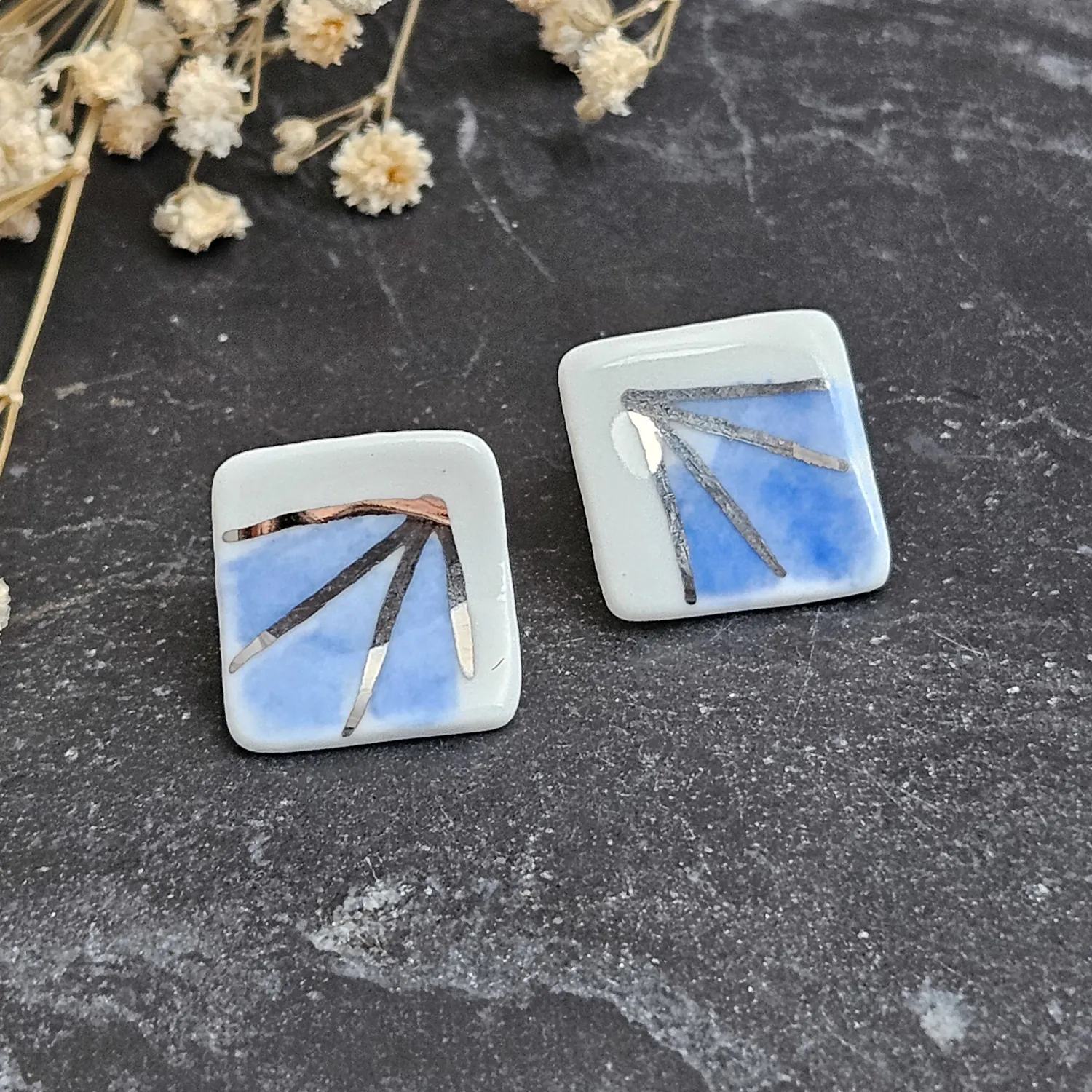 Blue hand-painted artisan fine ceramic porcelain hypoallergenic stud designer earrings for sensitive ears with silver accents (white gold) - Image 2