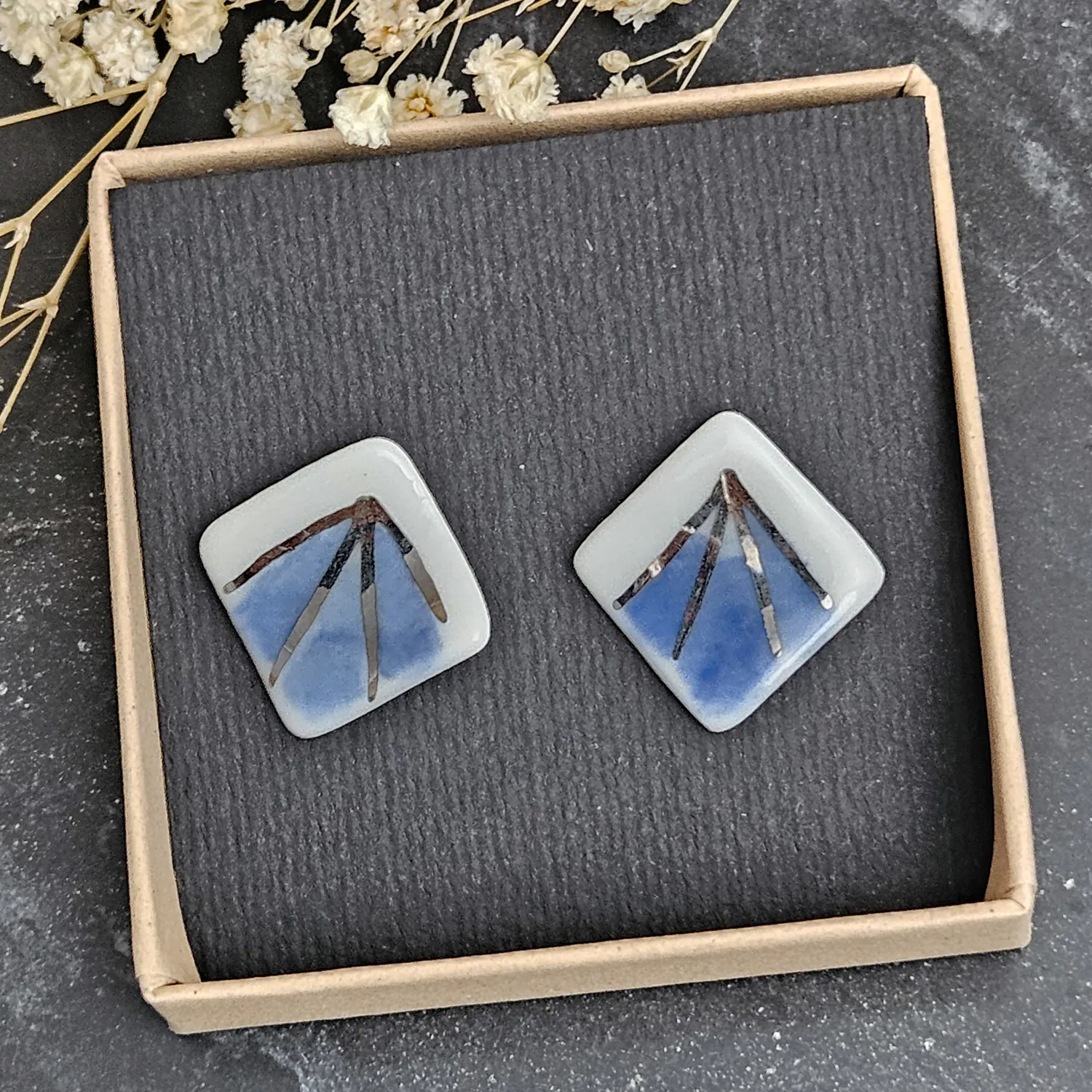 Blue hand-painted artisan fine ceramic porcelain hypoallergenic stud designer earrings for sensitive ears with silver accents (white gold) - Image 4