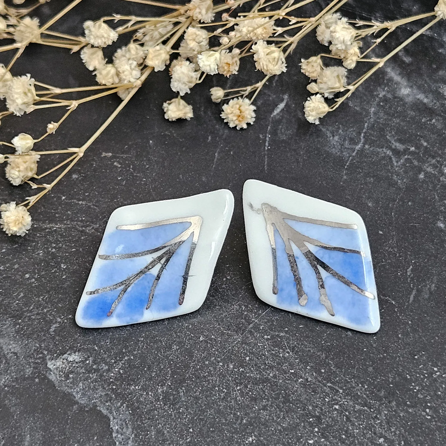 Blue hand-painted artisan fine ceramic porcelain hypoallergenic stud designer earrings for sensitive ears with silver accents (white gold)