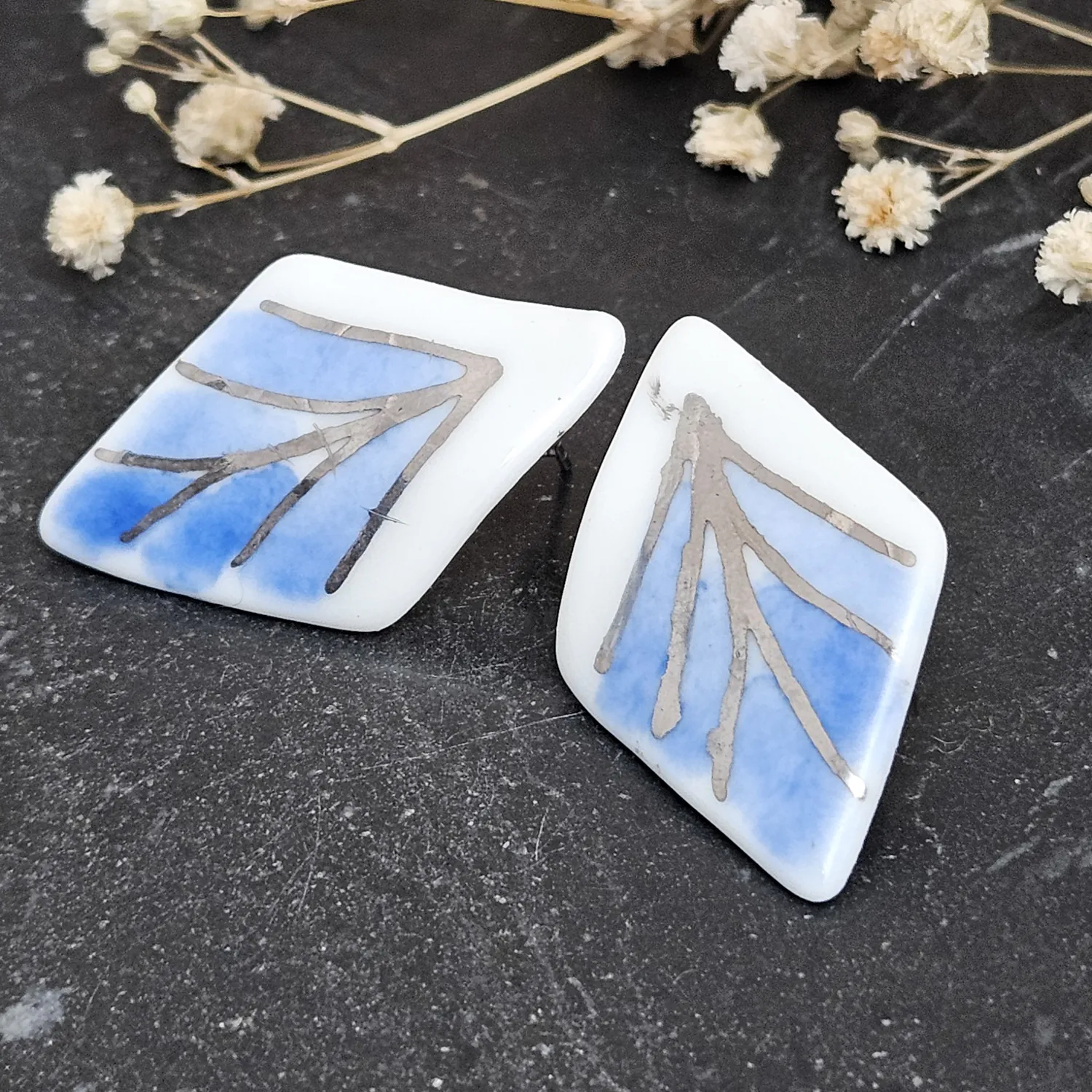 Blue hand-painted artisan fine ceramic porcelain hypoallergenic stud designer earrings for sensitive ears with silver accents (white gold) - Image 2