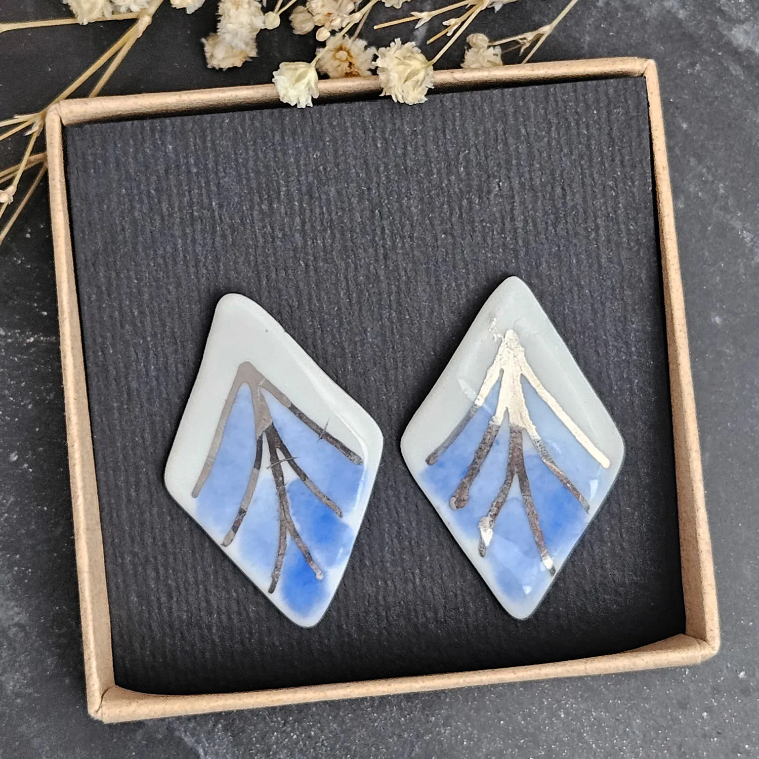 Blue hand-painted artisan fine ceramic porcelain hypoallergenic stud designer earrings for sensitive ears with silver accents (white gold) - Image 4