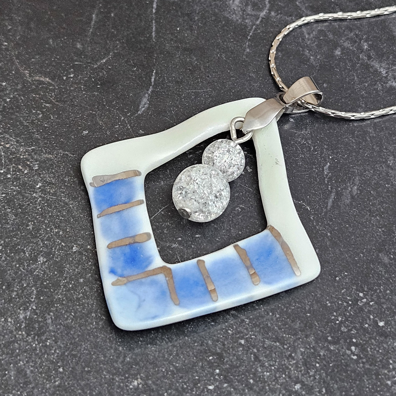 Two-sided hand-painted artisan blue fine ceramic porcelain designer necklace with silver accents (white gold) and ice crystals - obrazek 2