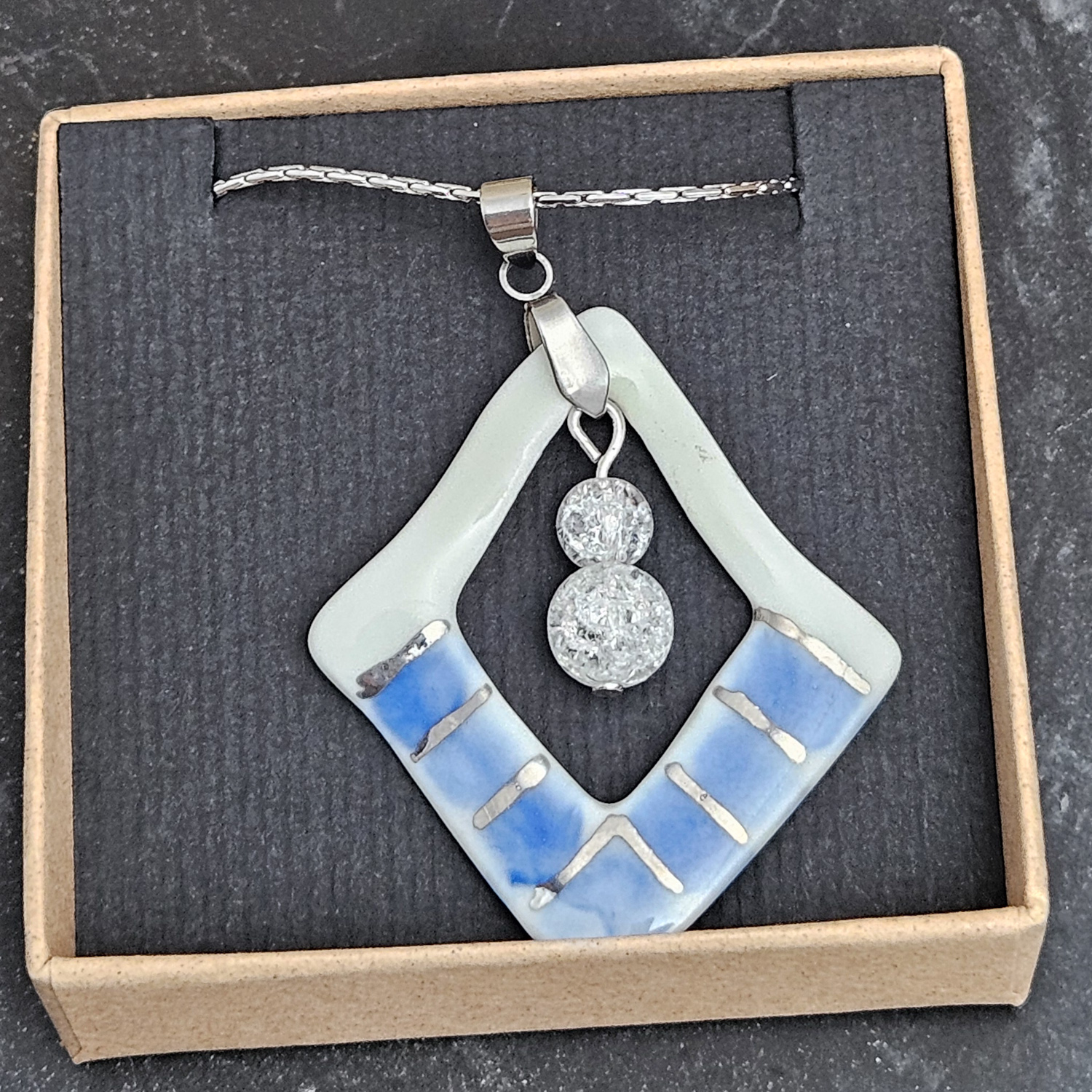 Two-sided hand-painted artisan blue fine ceramic porcelain designer necklace with silver accents (white gold) and ice crystals - obrazek 4