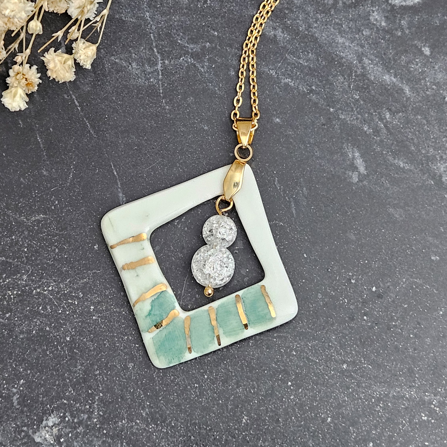 Two-sided hand-painted artisan green fine ceramic porcelain designer necklace with 22k gold plating and ice crystals