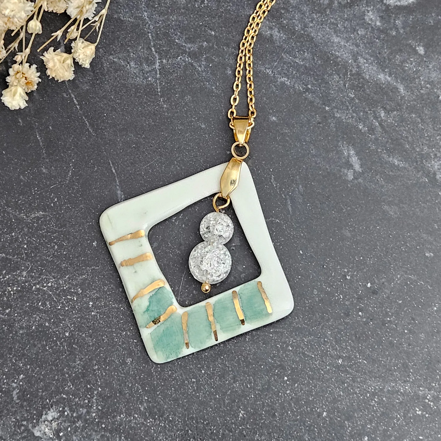 Two-sided hand-painted artisan green fine ceramic porcelain designer necklace with 22k gold plating and ice crystals