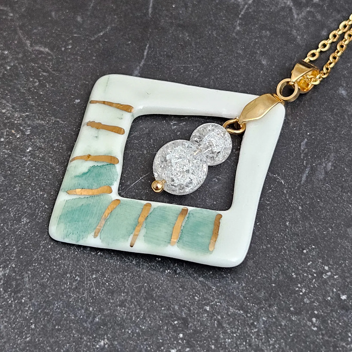 Two-sided hand-painted artisan green fine ceramic porcelain designer necklace with 22k gold plating and ice crystals - Image 2