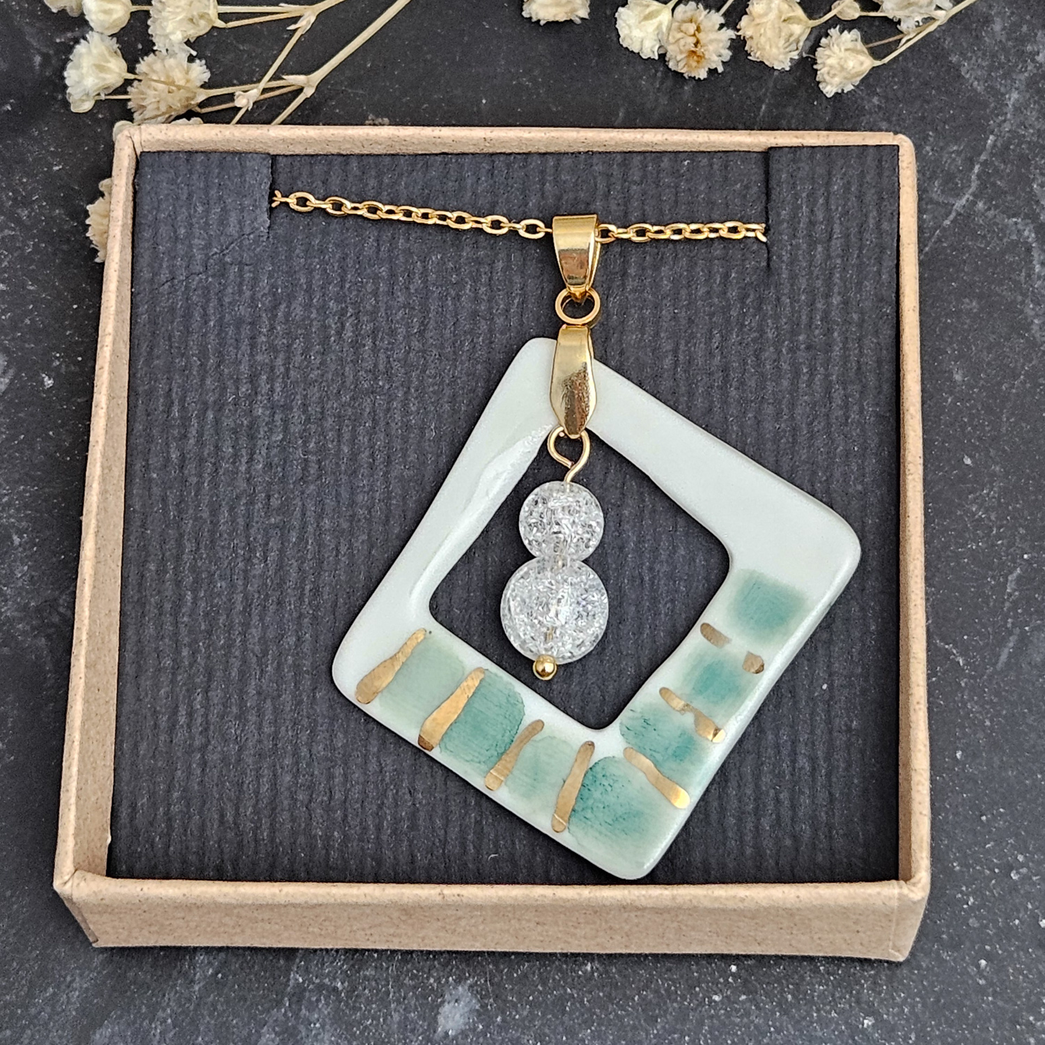 Two-sided hand-painted artisan green fine ceramic porcelain designer necklace with 22k gold plating and ice crystals - obrazek 4