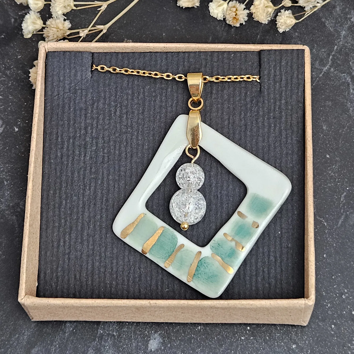 Two-sided hand-painted artisan green fine ceramic porcelain designer necklace with 22k gold plating and ice crystals - Image 4