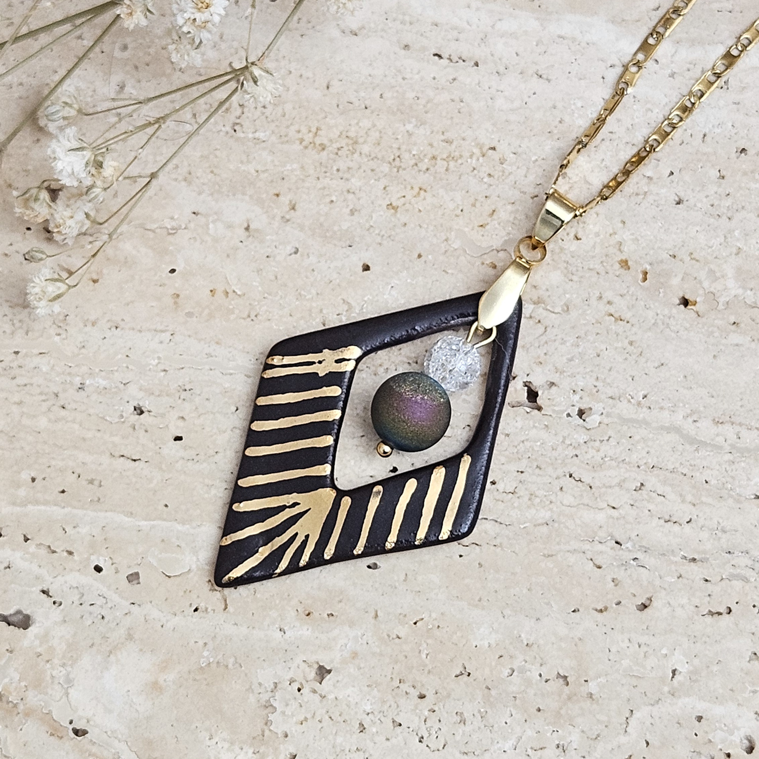 Two-sided black fine ceramic porcelain designer necklace with 22k gold plating and ice crystal and agate druzy