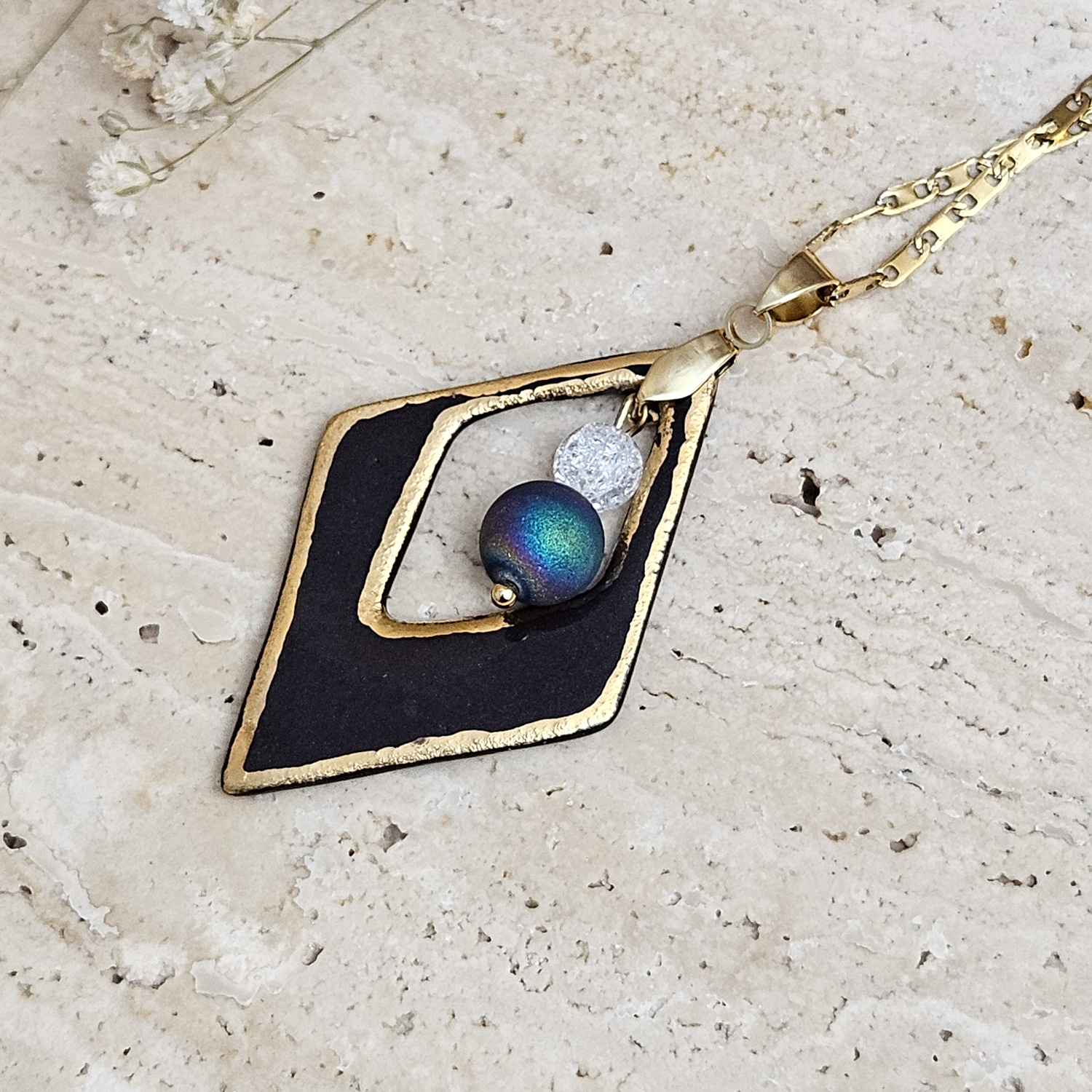 Two-sided black fine ceramic porcelain designer necklace with 22k gold plating and ice crystal and agate druzy - Image 2