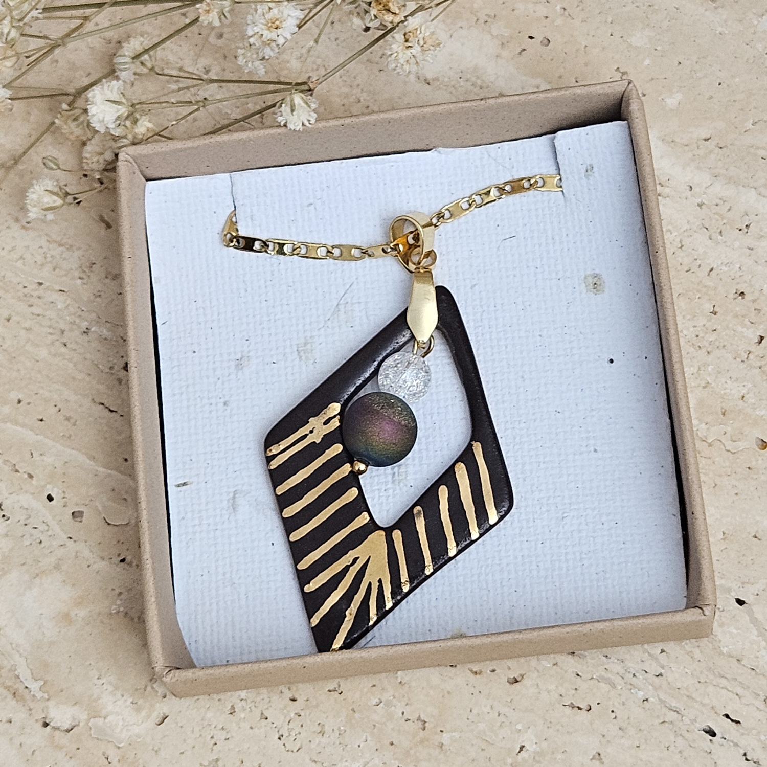 Two-sided black fine ceramic porcelain designer necklace with 22k gold plating and ice crystal and agate druzy - Image 3