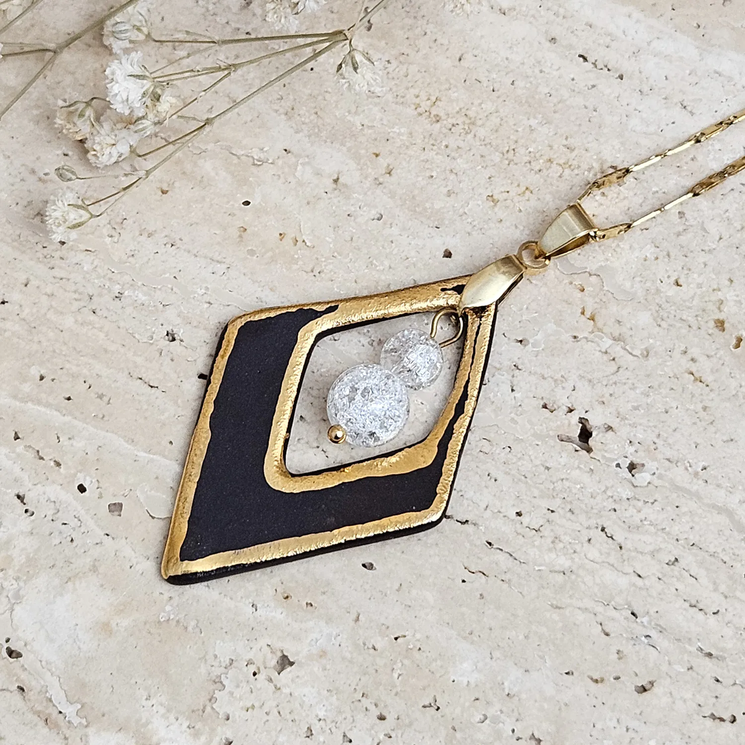 Two-sided black fine ceramic porcelain designer necklace with 22k gold plating and ice crystals