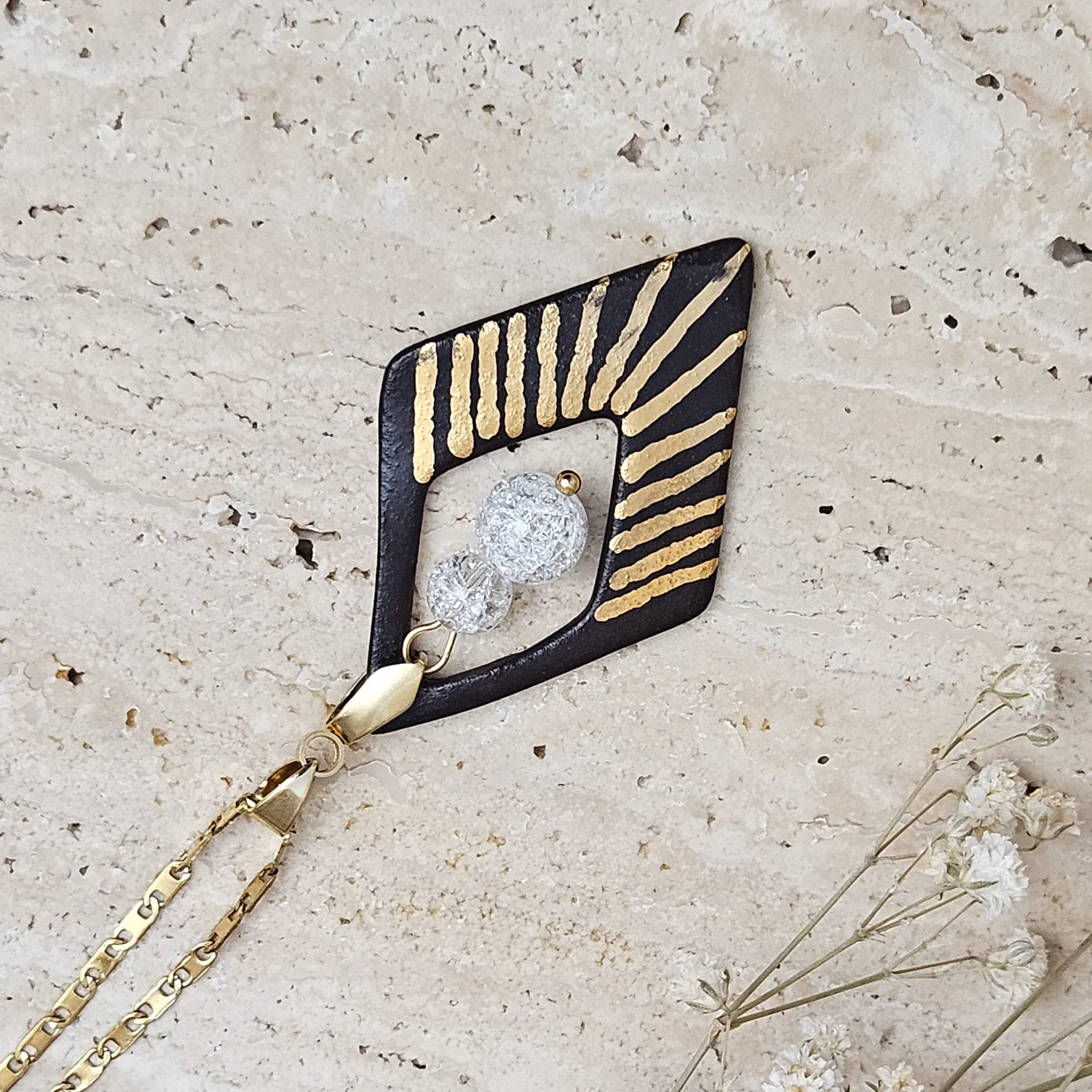 Two-sided black fine ceramic porcelain designer necklace with 22k gold plating and ice crystals - Image 3