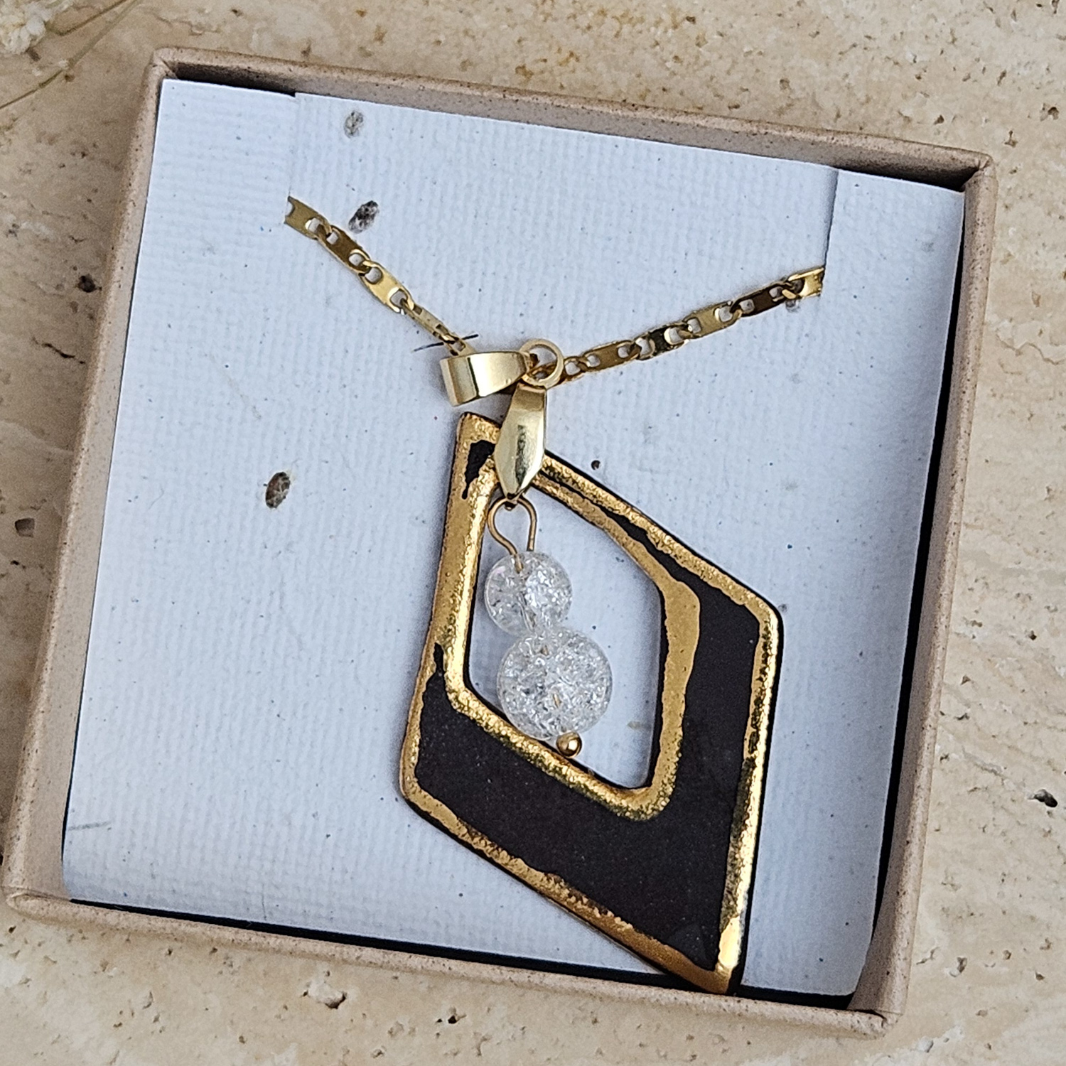 Two-sided black fine ceramic porcelain designer necklace with 22k gold plating and ice crystals - obrazek 4