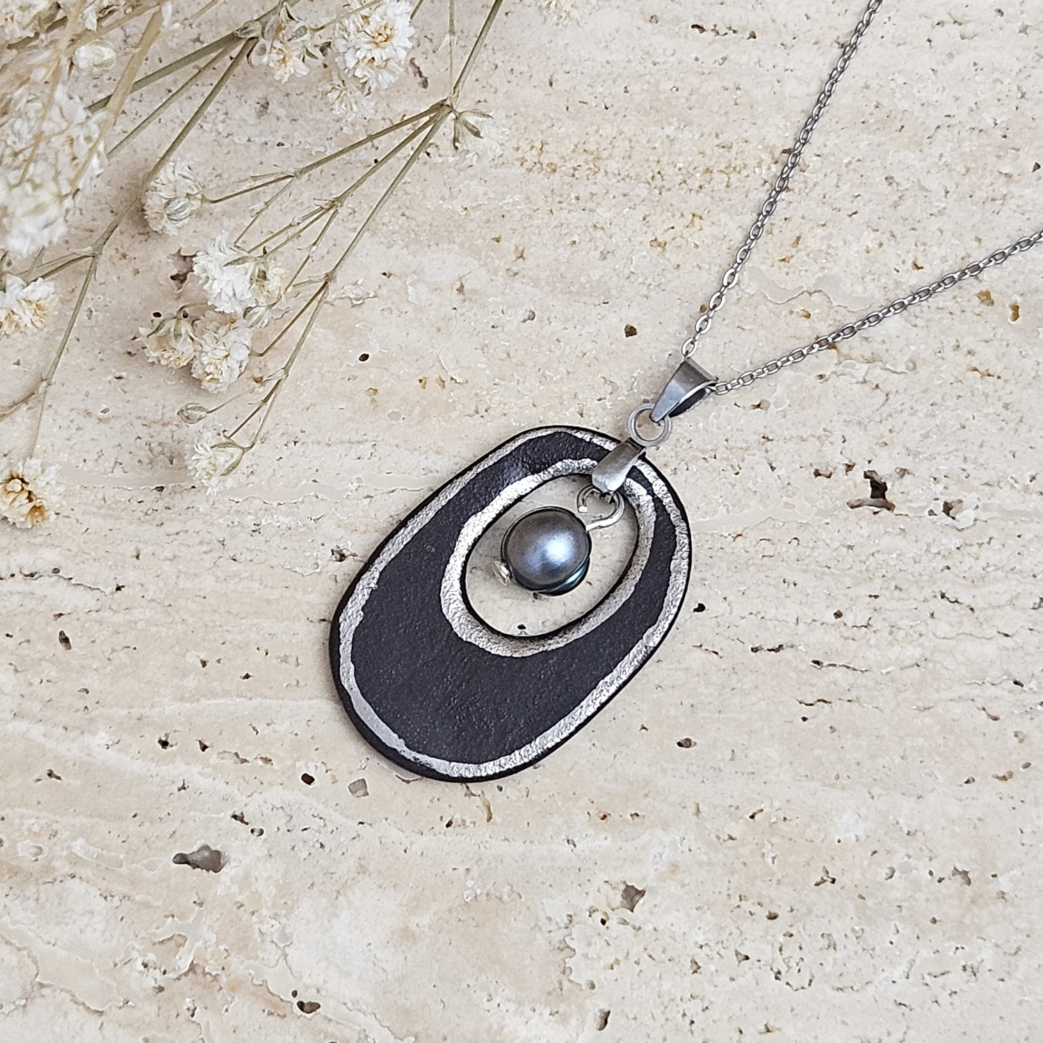 Two-sided black fine ceramic porcelain designer necklace with silver accents (white gold) and pearl