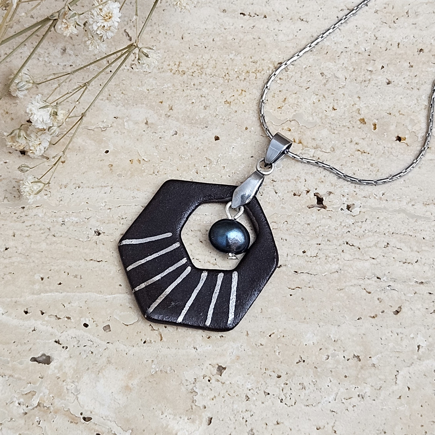 Two-sided black fine ceramic porcelain designer necklace with silver accents (white gold) and pearl