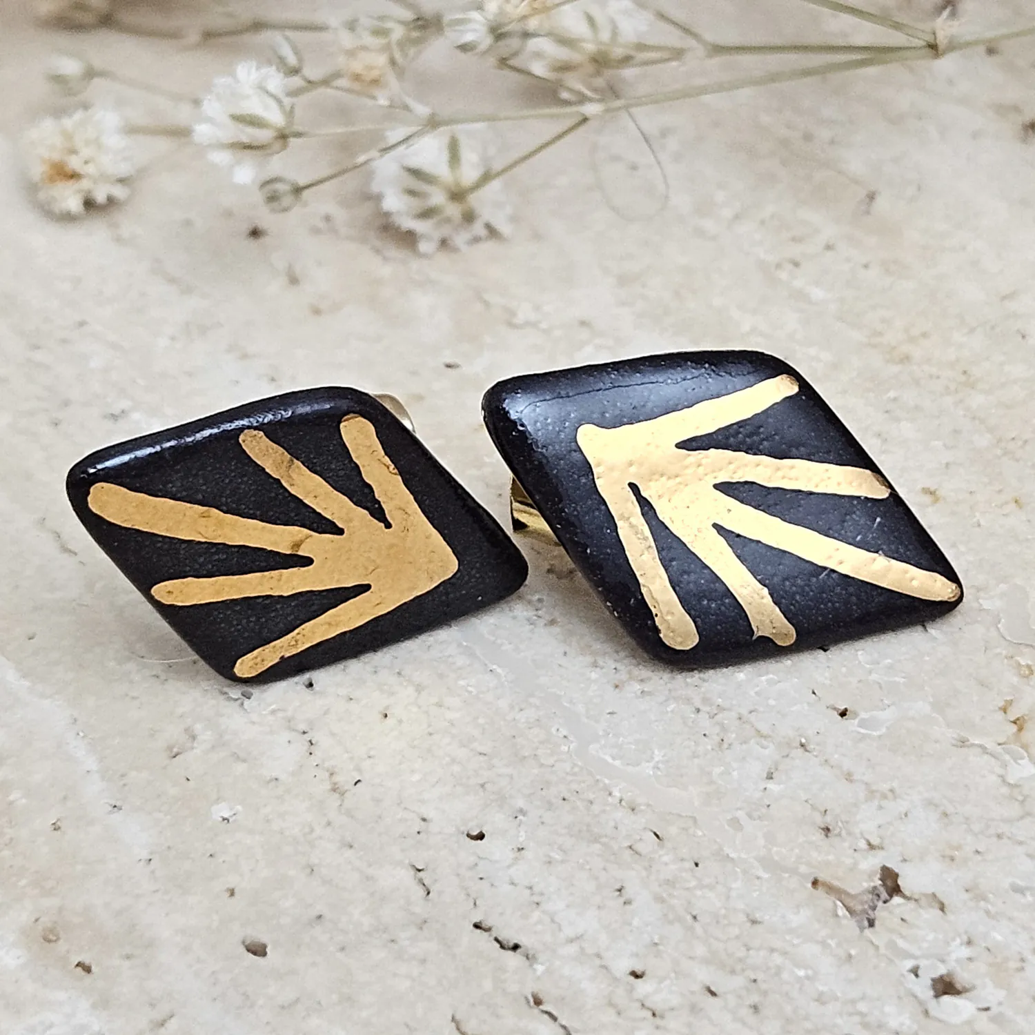 Black fine ceramic porcelain designer earrings with 22k gold plating